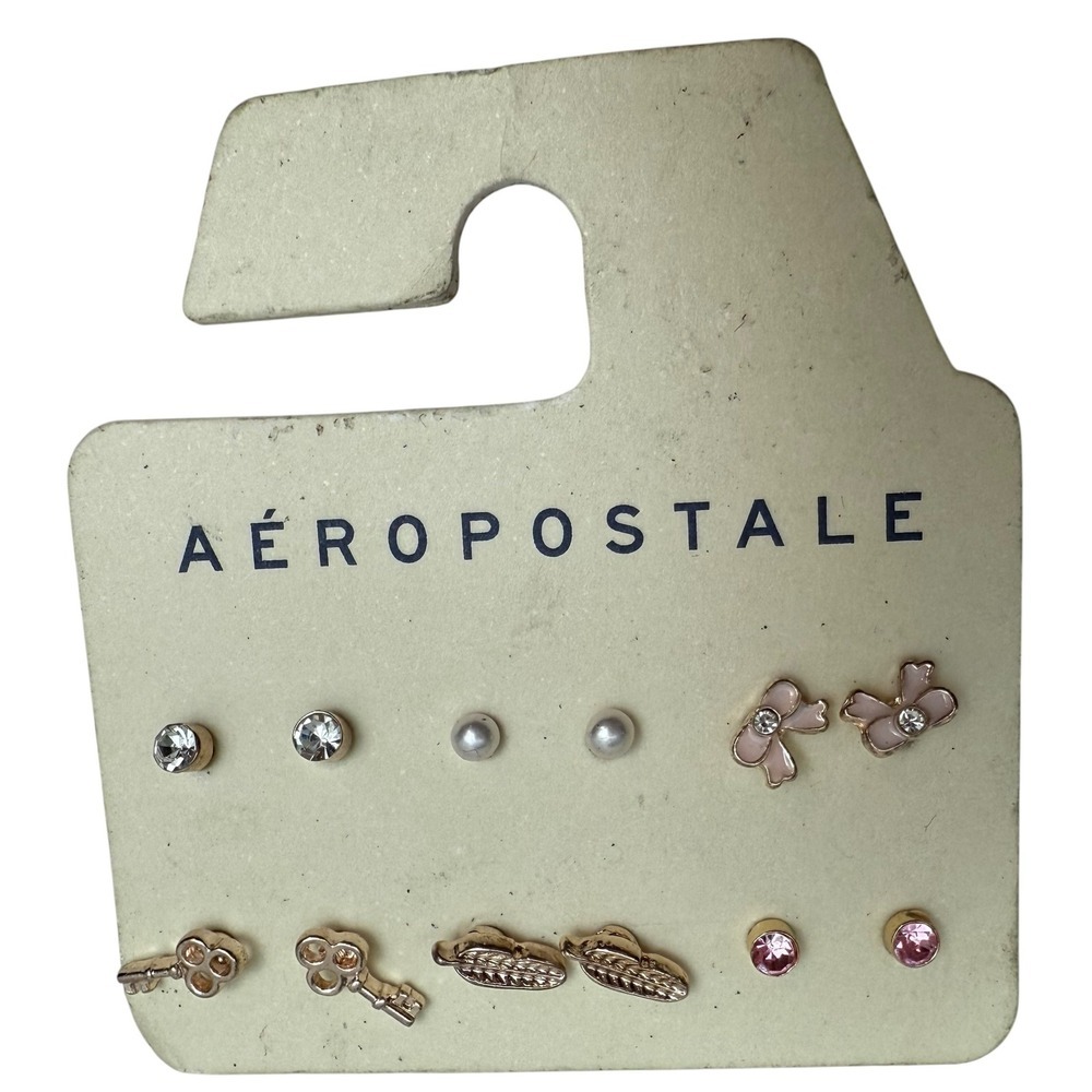 Aeropostale Rose Gold Tone Stud Earrings Set Flower Key Pearl Rhinestone Jewelry